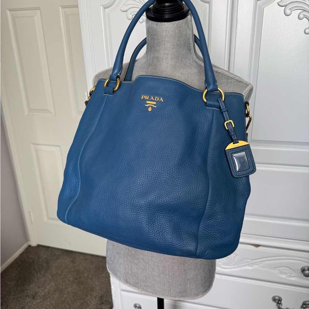 Prada Blue Leather Shoulder Bag with Gold Hardware
